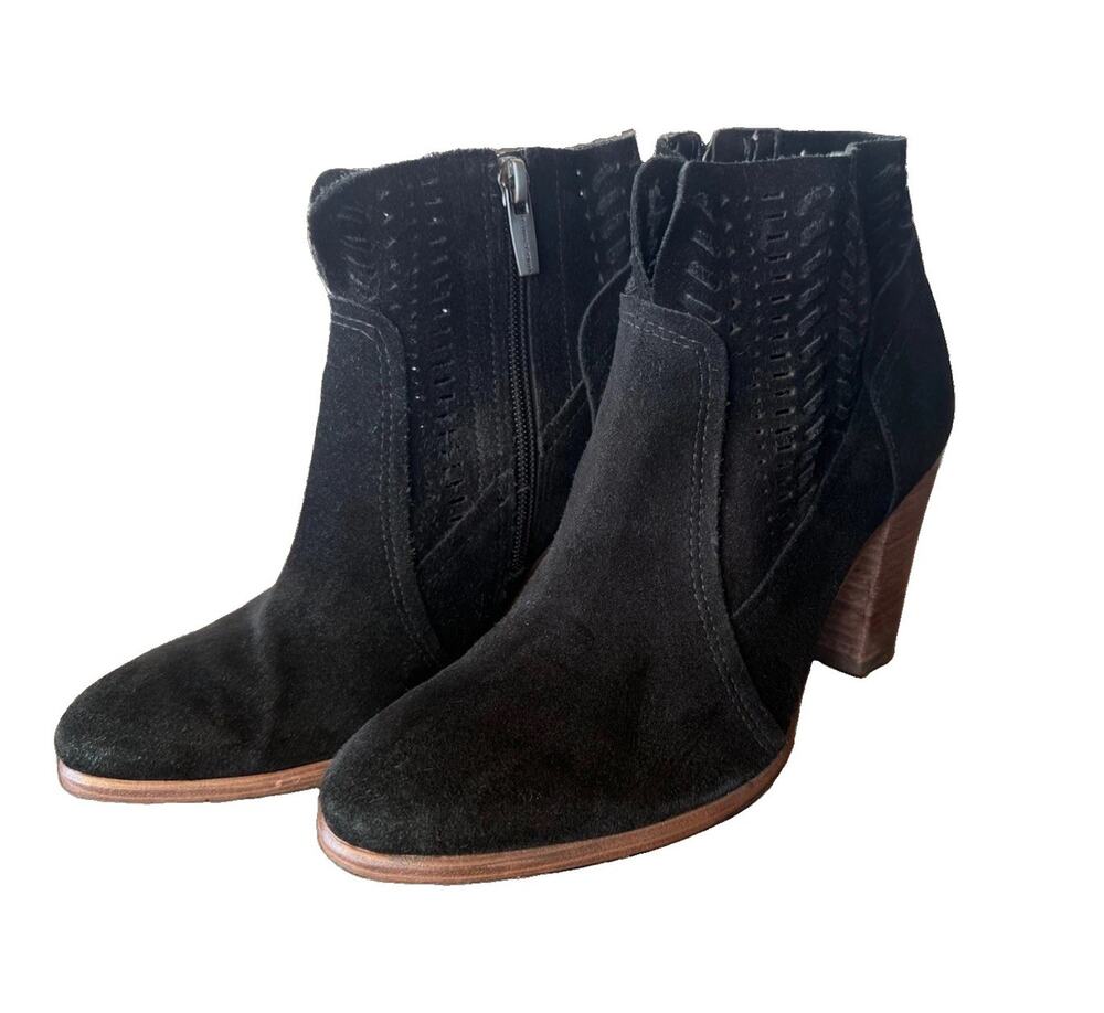 Vince Camuto Womens 7M Black Suede Laser Cut Woven Block Heel Ankle Booties Boho